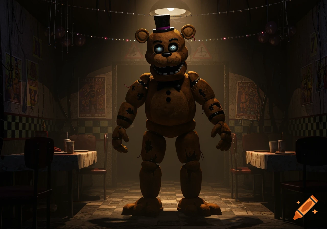 An ominous brown animatronic bear with a top hat and bowtie stands in a dark, abandoned restaurant.