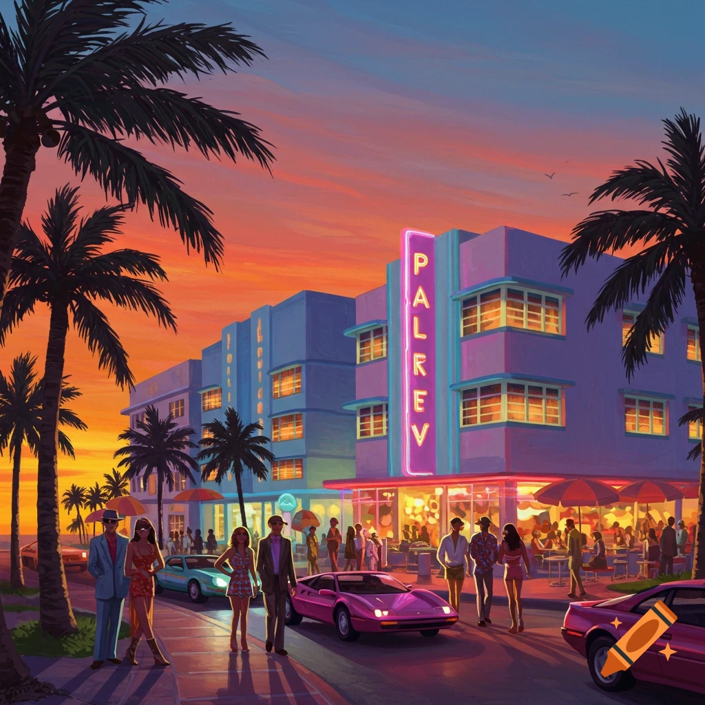 A vibrant 80s Miami street scene at sunset, featuring Art Deco buildings, palm trees, classic cars, and stylized people on the sidewalk.