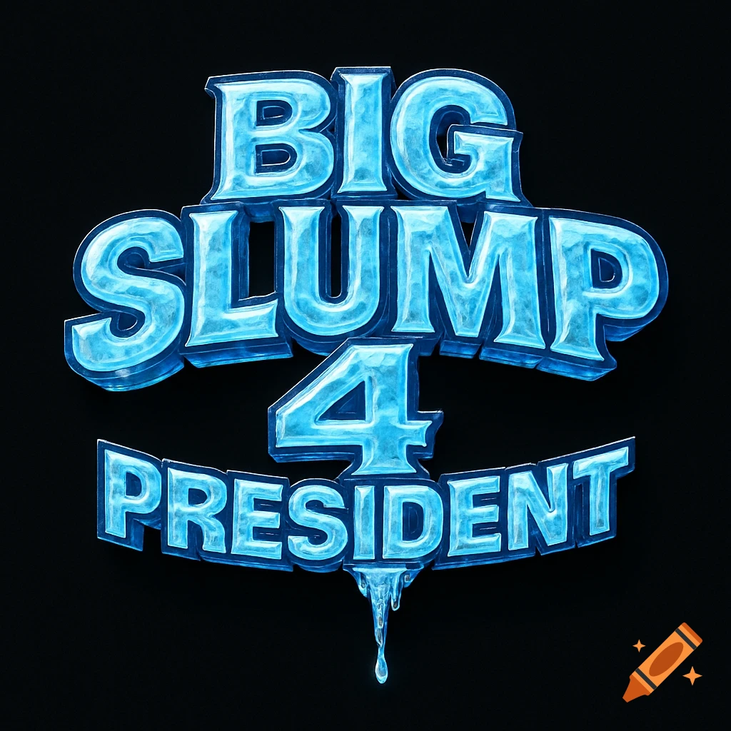 A stylized 3D logo with blue, ice-textured text reading 'BIG SLUMP 4 PRESIDENT' and an icicle dripping from the letter D, on a black background.