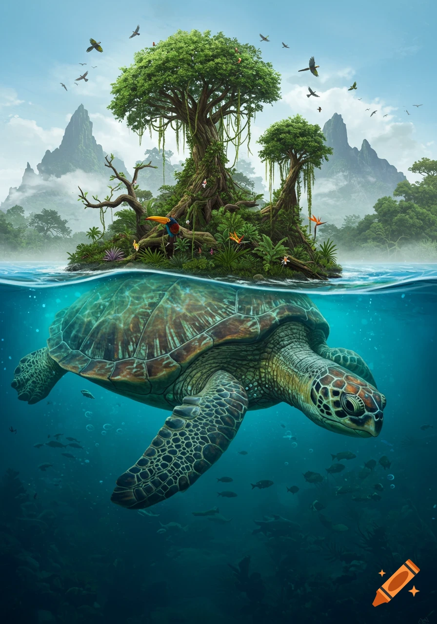 A large sea turtle with a lush green island on its shell, swimming in clear blue water with fish, under a sky with birds and mountains.