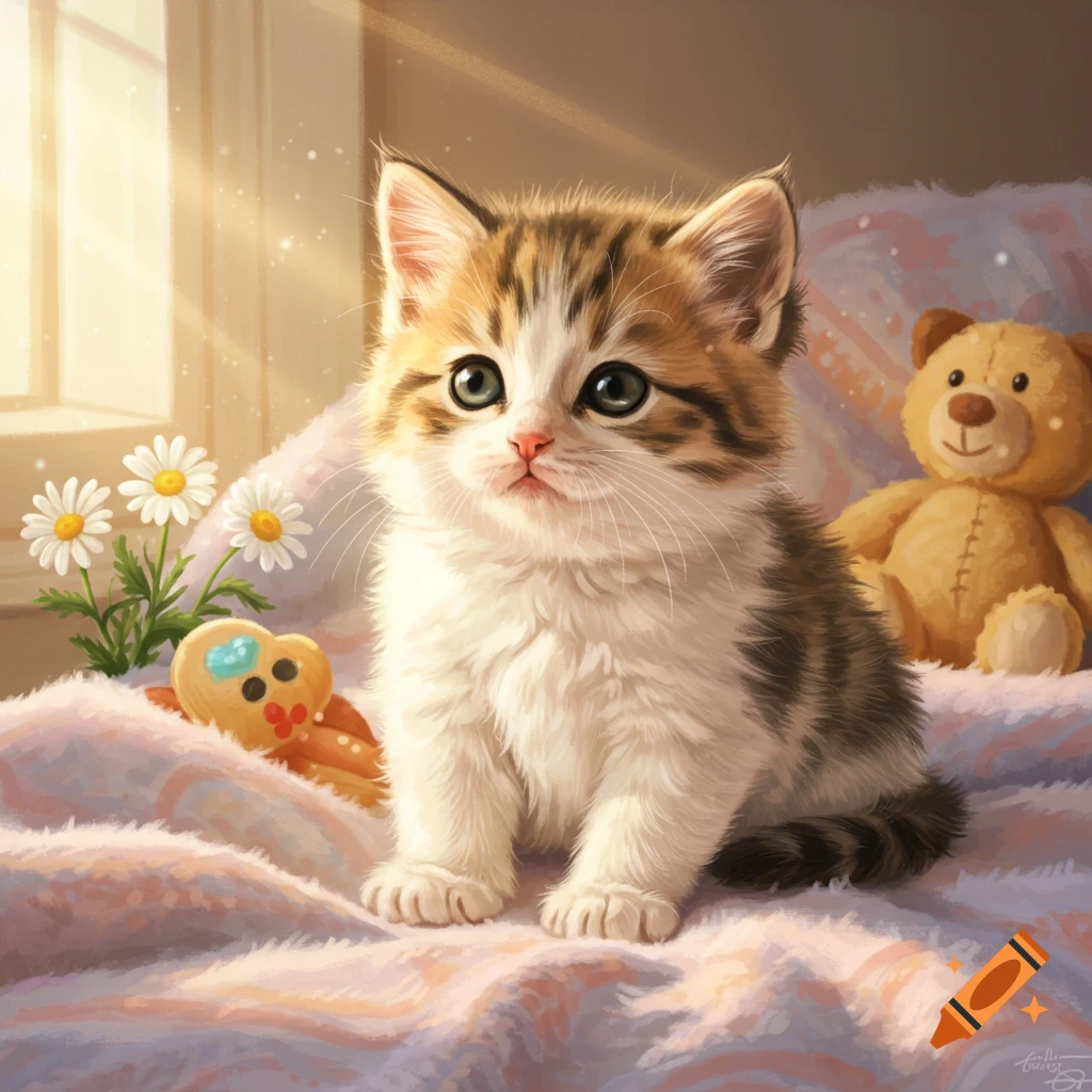 A fluffy, calico-patterned kitten with big green eyes sits on a soft pink blanket next to a teddy bear and daisies, bathed in warm sunlight.