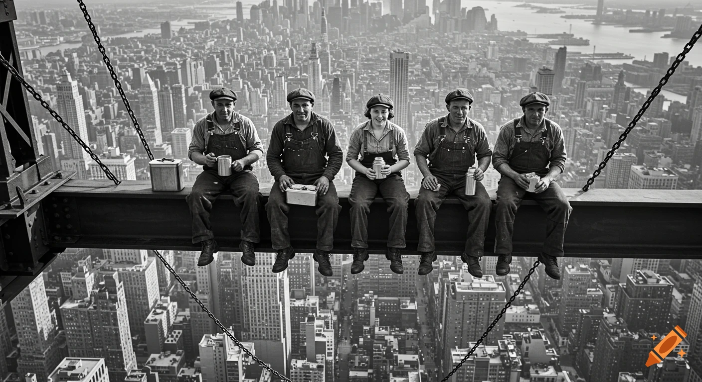 Five construction workers, one woman and four men, sit casually on a steel beam high above a cityscape in a black and white photorealistic style.