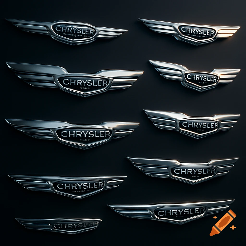 Multiple metallic Chrysler car logos with wing designs displayed on a dark background.