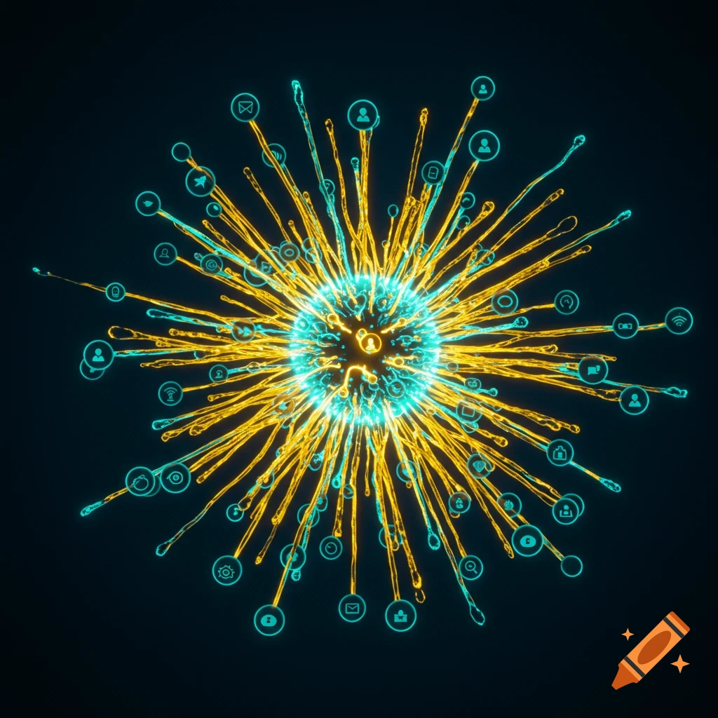 A glowing blue and yellow abstract orb with radiating tendrils connecting to various digital icons, symbolizing network connections on a dark background.
