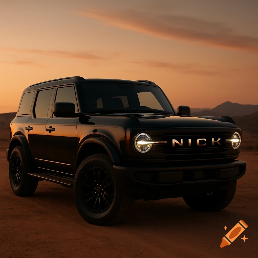 A black SUV resembling a Ford Bronco with "NICK" on its grill, parked on a dirt road at sunset in a desert landscape.