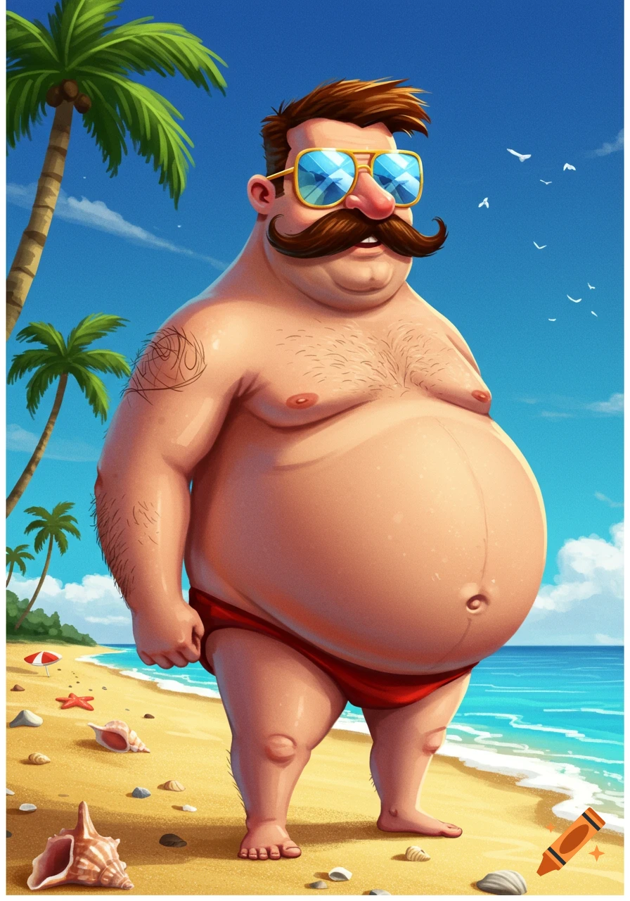 A cartoon man with a big mustache and potbelly wearing sunglasses and a red speedo stands on a sandy beach.