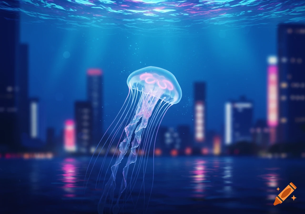 A glowing jellyfish swims in blue water, with a blurred city skyline reflected on the surface.
