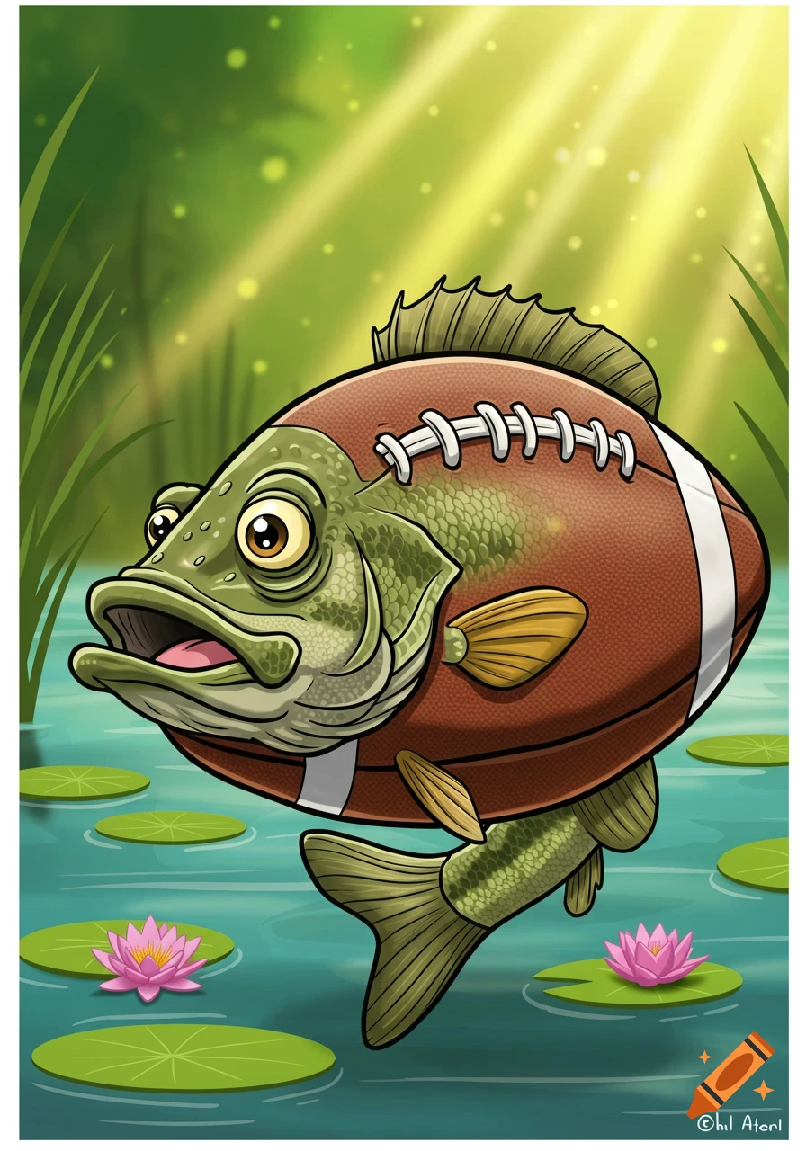 Cartoon illustration of a green bass fish shaped like a brown football, floating in a blue pond with pink lily pads.
