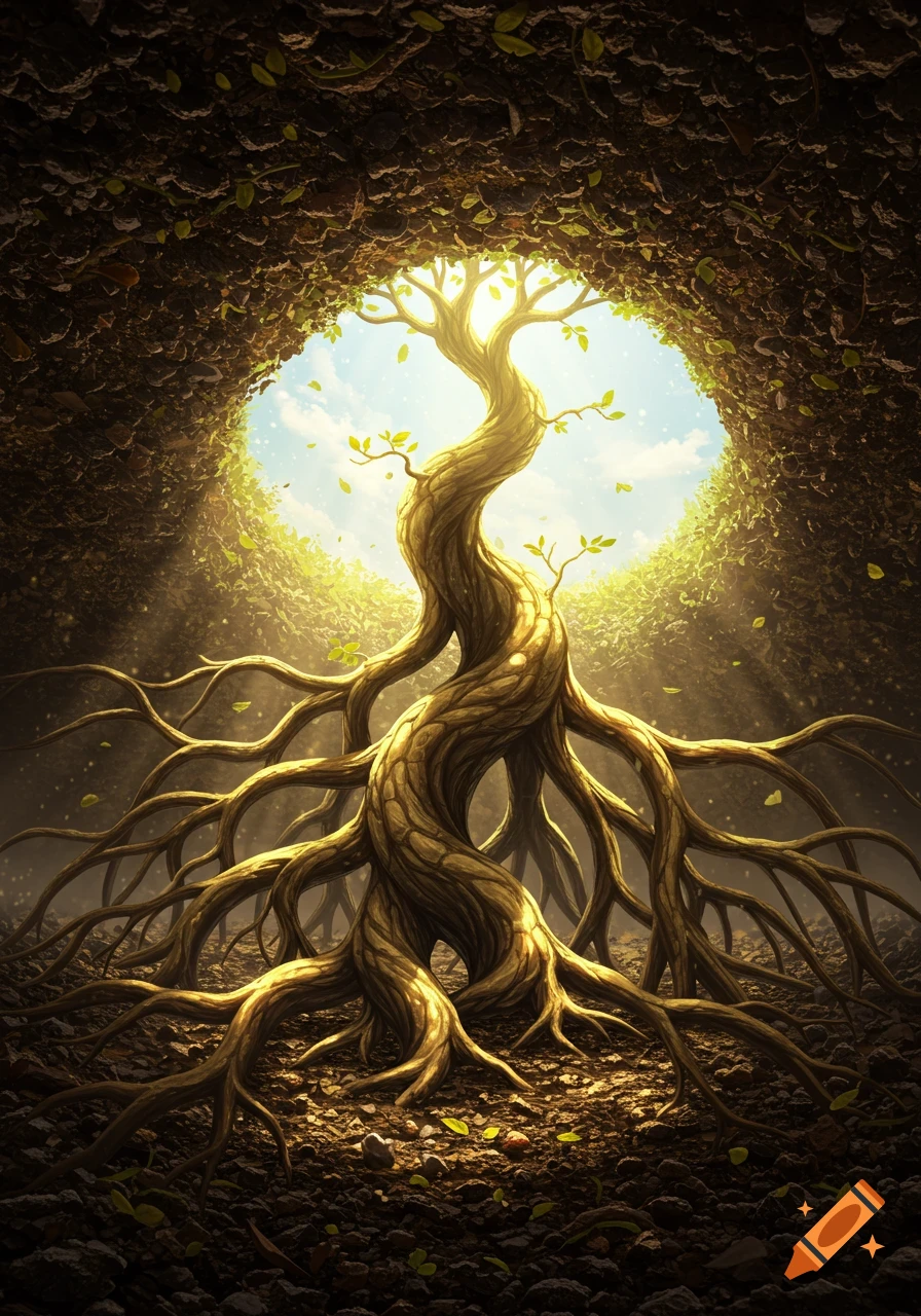 View from underground of a gnarled tree with sprawling roots reaching toward a bright opening of sky above.