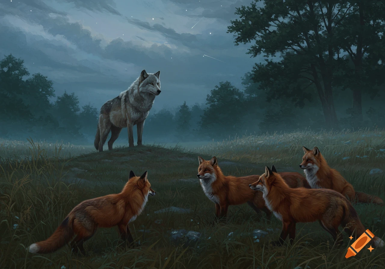 A grey wolf stands on a small hill, looking down at four red foxes in a grassy field under a cloudy, star-filled night sky in a painterly style.