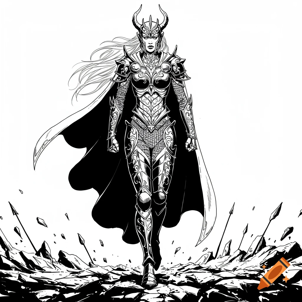 A fierce warrior in ornate armor with a horned helmet and flowing cape stands on fragmented ground in a black-and-white illustration.