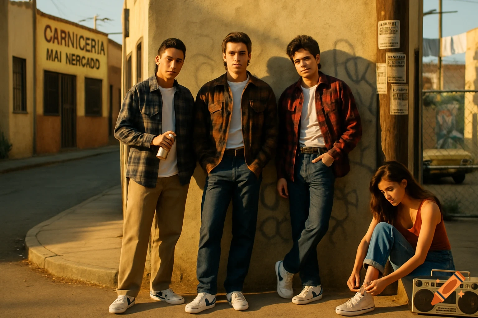 A photo-realistic image of three young men leaning against a wall and a young woman sitting on a curb next to a boombox, on a street in a golden hour light.