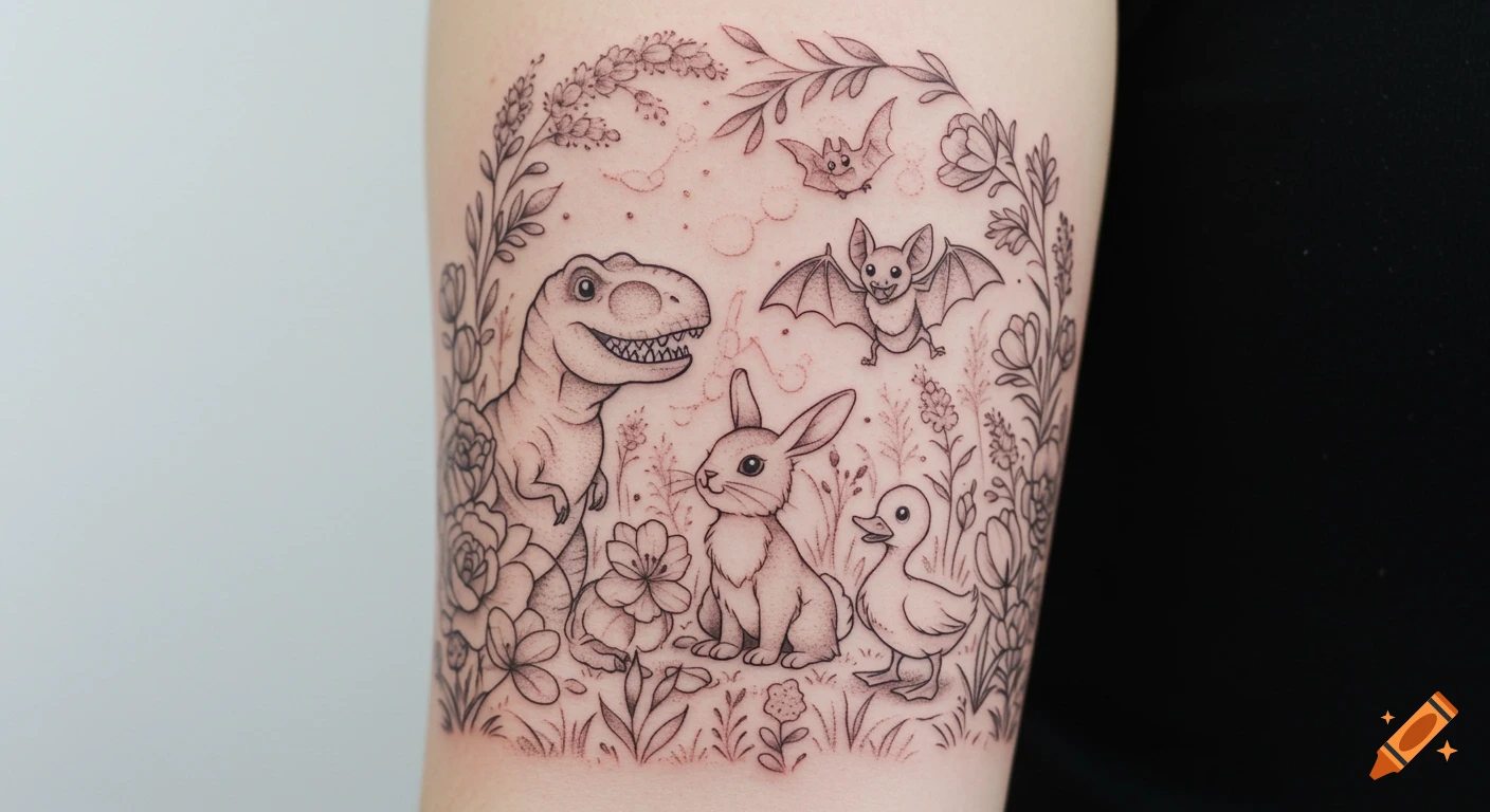 A whimsical black and grey tattoo on an arm features a T-Rex, bunny, duckling, and two bats in a floral garden.
