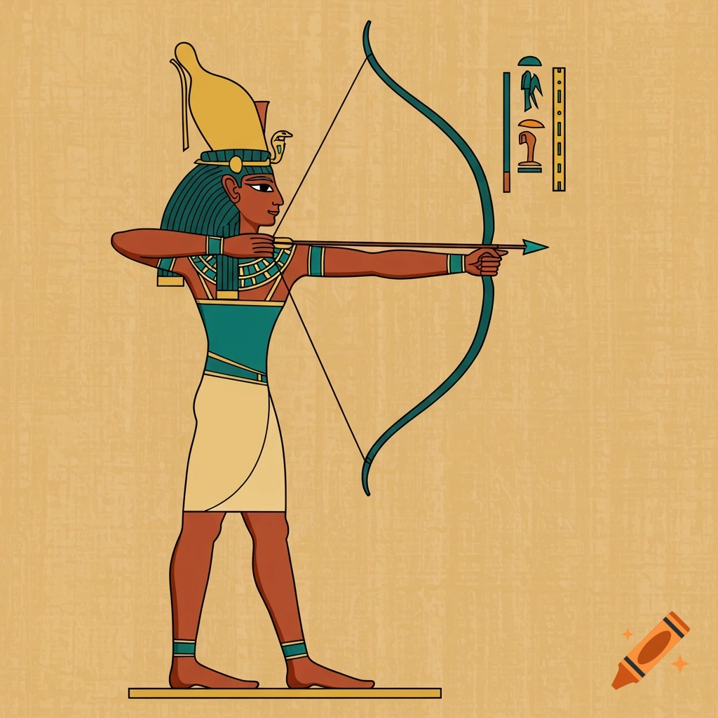 An ancient Egyptian archer depicted in profile, holding a bow and arrow, with hieroglyphs on a textured, sandy background.
