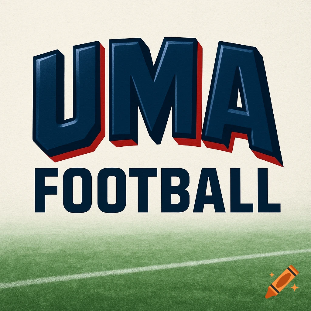 A logo for 'UMA FOOTBALL' with 3D blue and red text 'UMA' above 'FOOTBALL' on a cream background transitioning to a green football field.