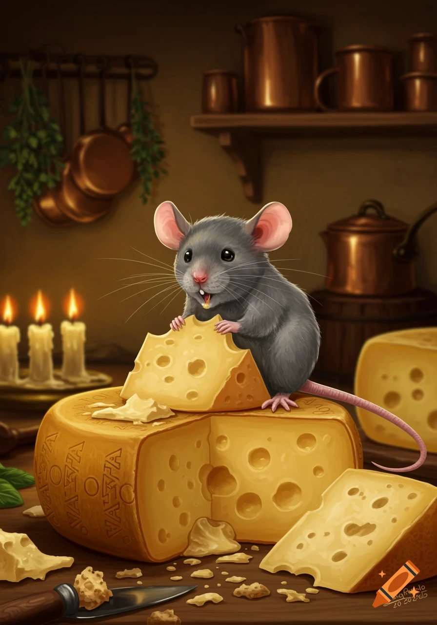 A cute cartoon mouse with big ears is happily gnawing on a large block of cheese in a rustic kitchen.