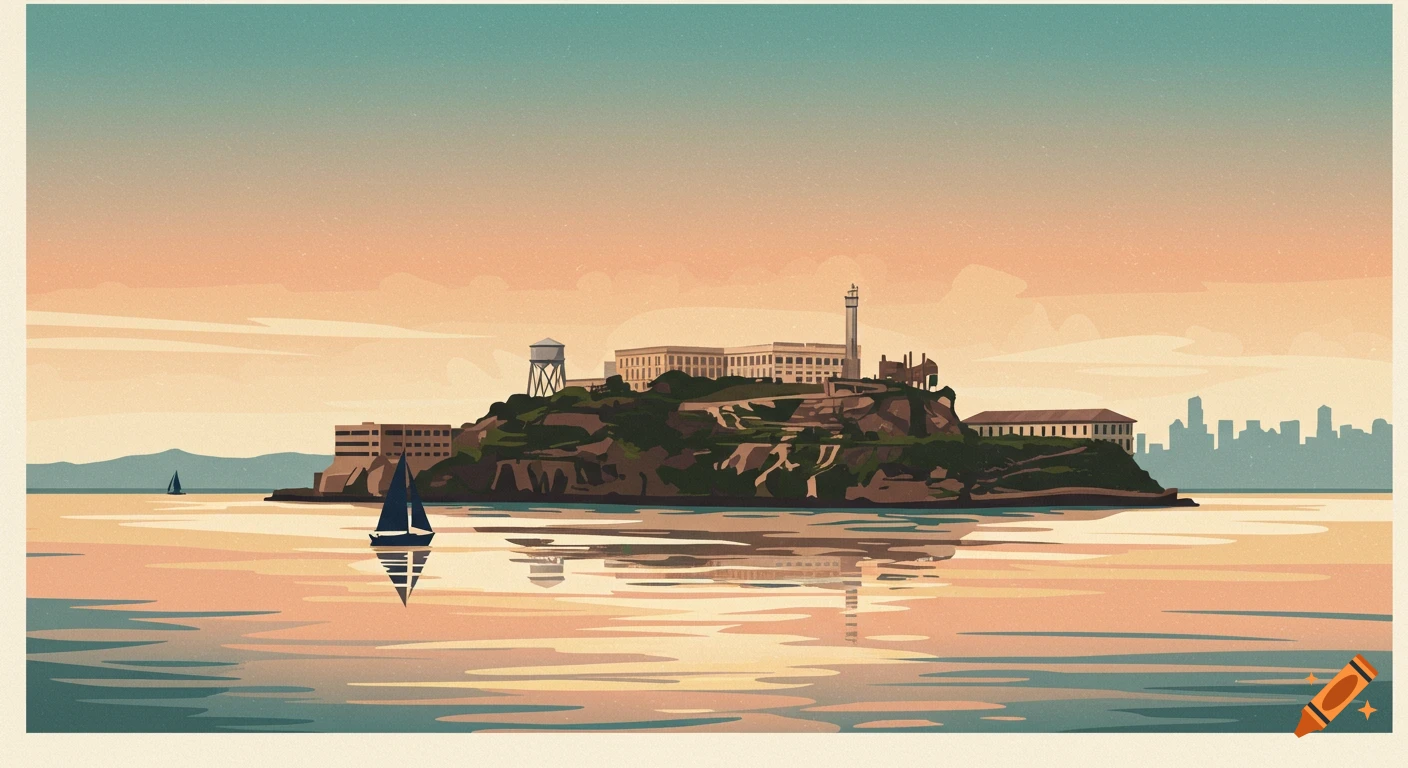 Stylized illustration of Alcatraz Island at sunset, with a sailboat on the water and a distant city skyline.