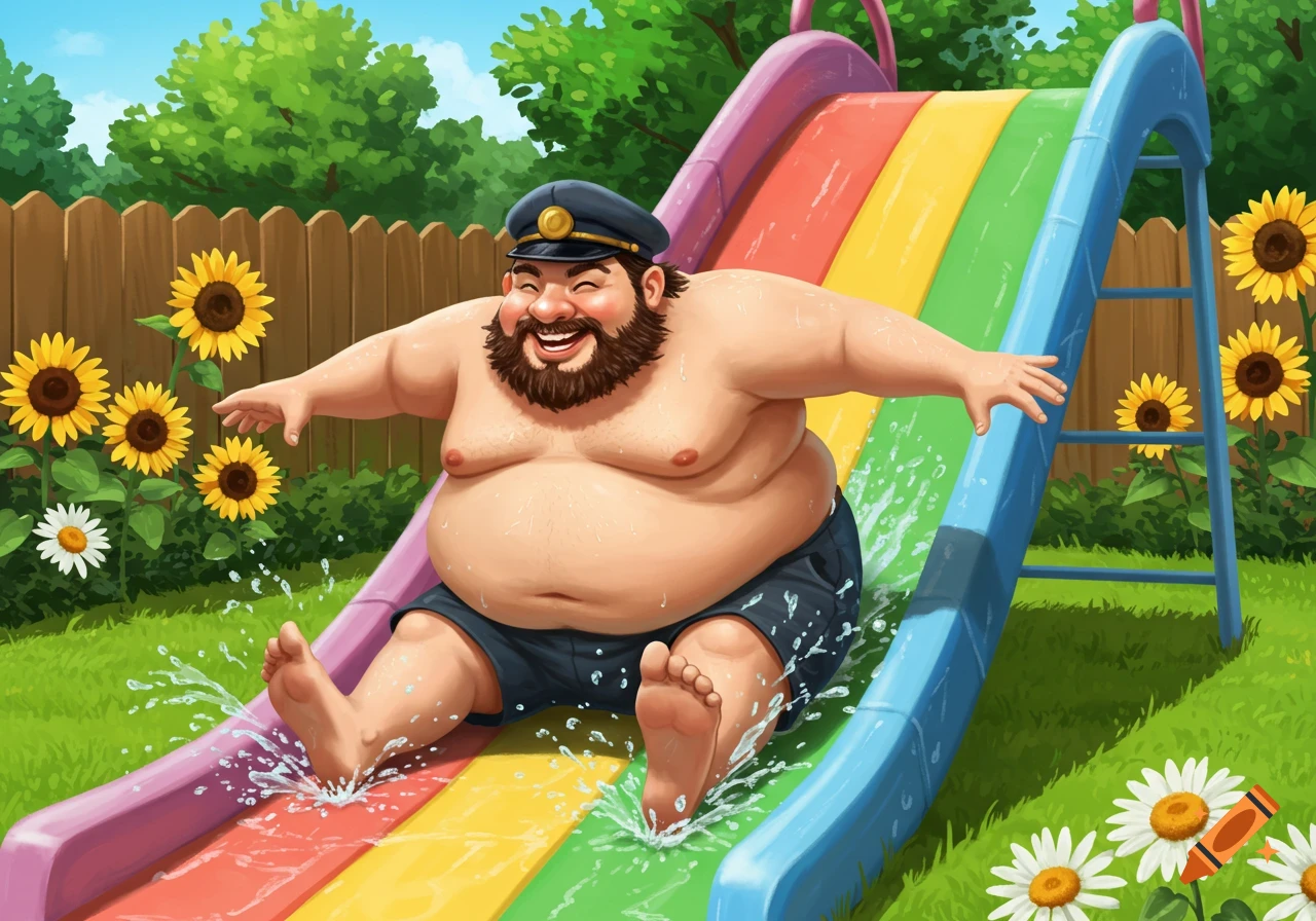 Joyful obese man in a conductor hat and swim trunks sliding down a rainbow water slide in a sunny backyard with sunflowers. Cartoon illustration.