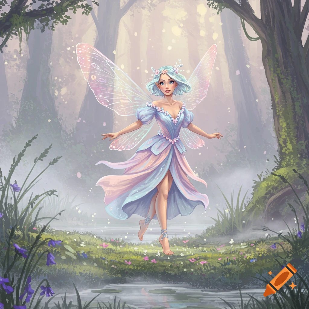 A whimsical pastel fairy with delicate wings floats in a misty, enchanted forest with wildflowers and tall trees.