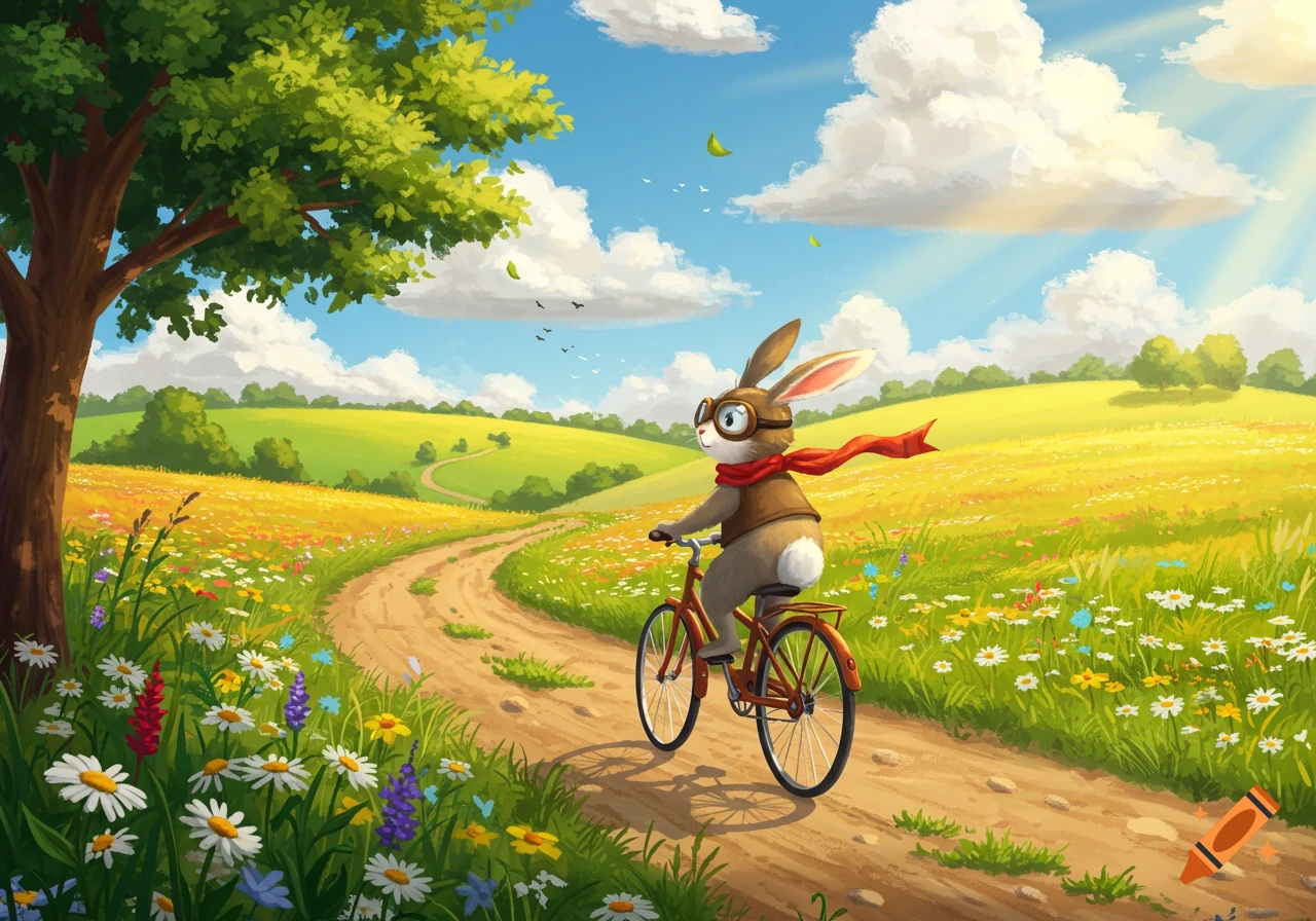 An illustrated bunny in goggles and a red scarf rides a bike on a dirt path through a field of wildflowers.