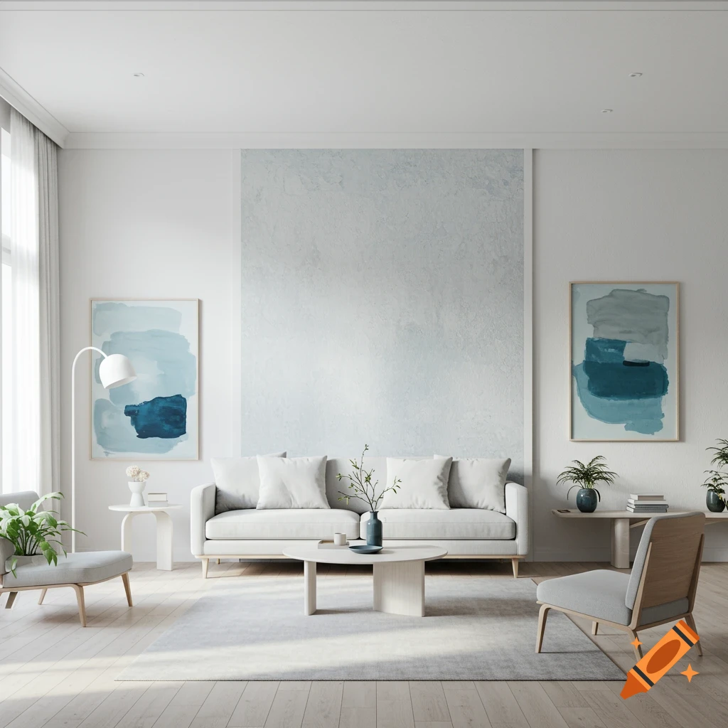 A clean, modern living room with a white sofa, armchairs, and abstract blue paintings on light walls.