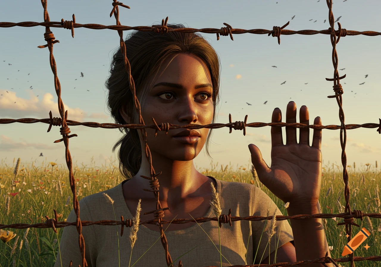 A photorealistic woman with dark skin looks through rusty barbed wire in a sunlit field, with birds flying in the background.