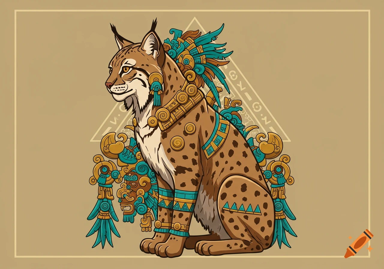 A stylized bobcat with elaborate gold and turquoise Mayan-inspired ornamentation sits against a tan background with geometric patterns.