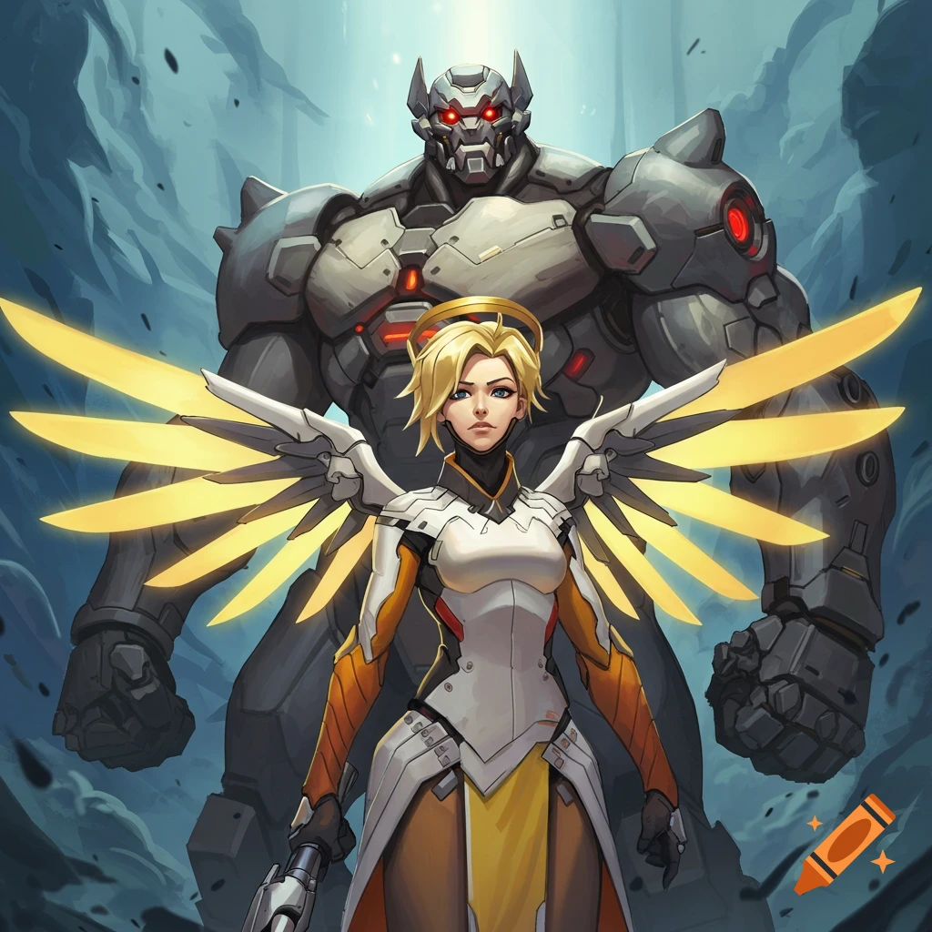 Mercy with golden wings stands in front of a towering Ramattra in an anime art style.
