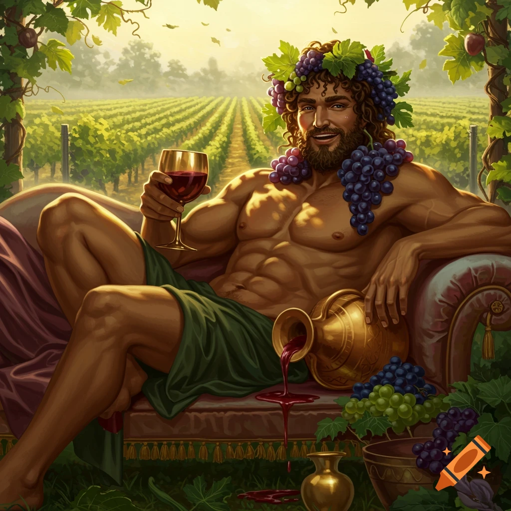 A muscular man with a grape wreath lounges on a sofa in a vineyard, holding a wine glass. Wine pours from a golden amphora.