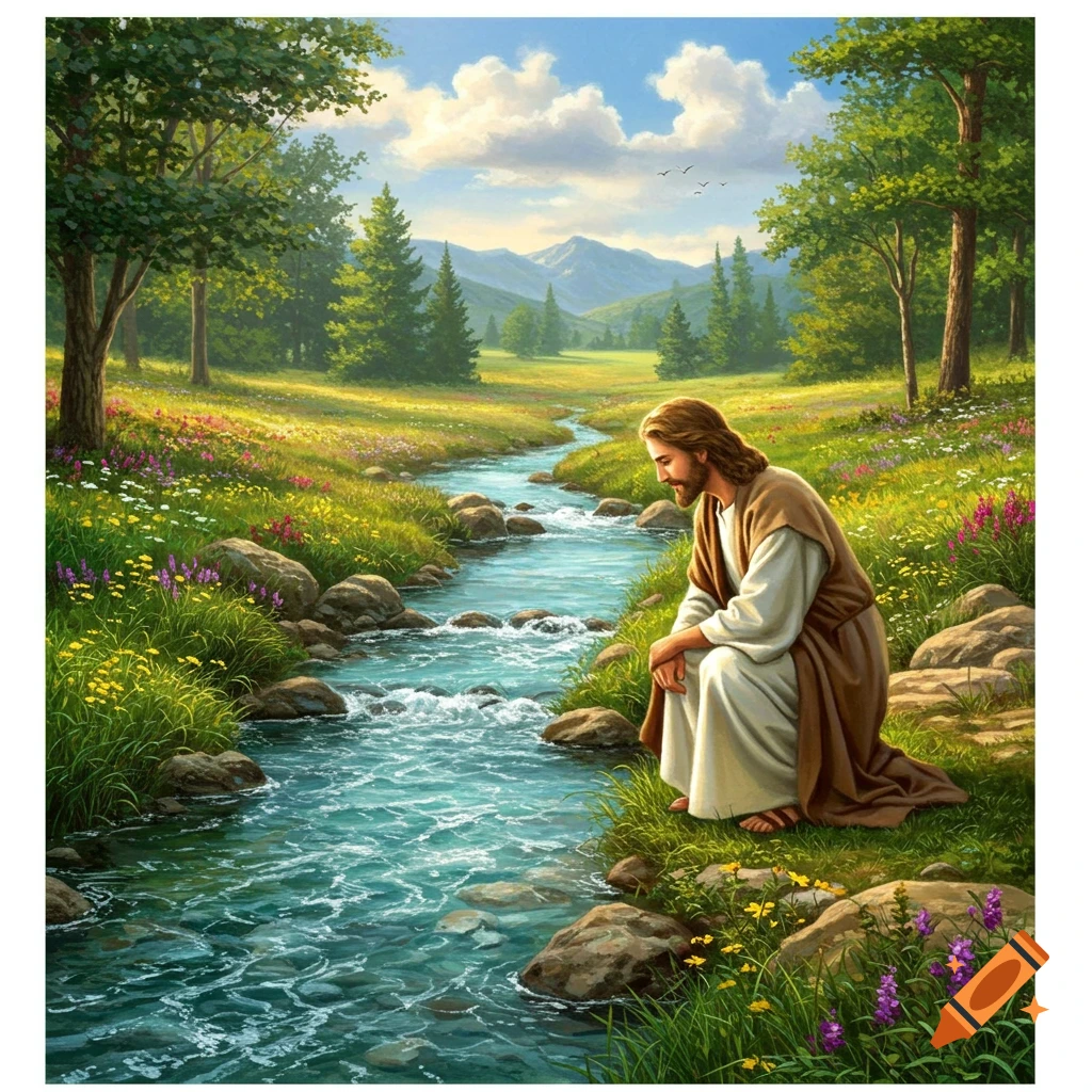 Painting of Jesus kneeling beside a rocky stream in a vibrant green meadow under a blue sky.