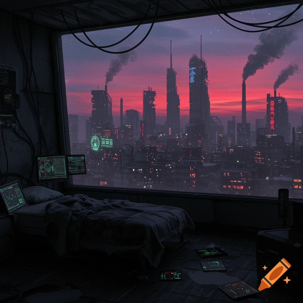 A dark, dystopian bedroom with screens and a bed, looking out through a large window at a futuristic, smoke-filled city with red and blue lights under a sunset sky.