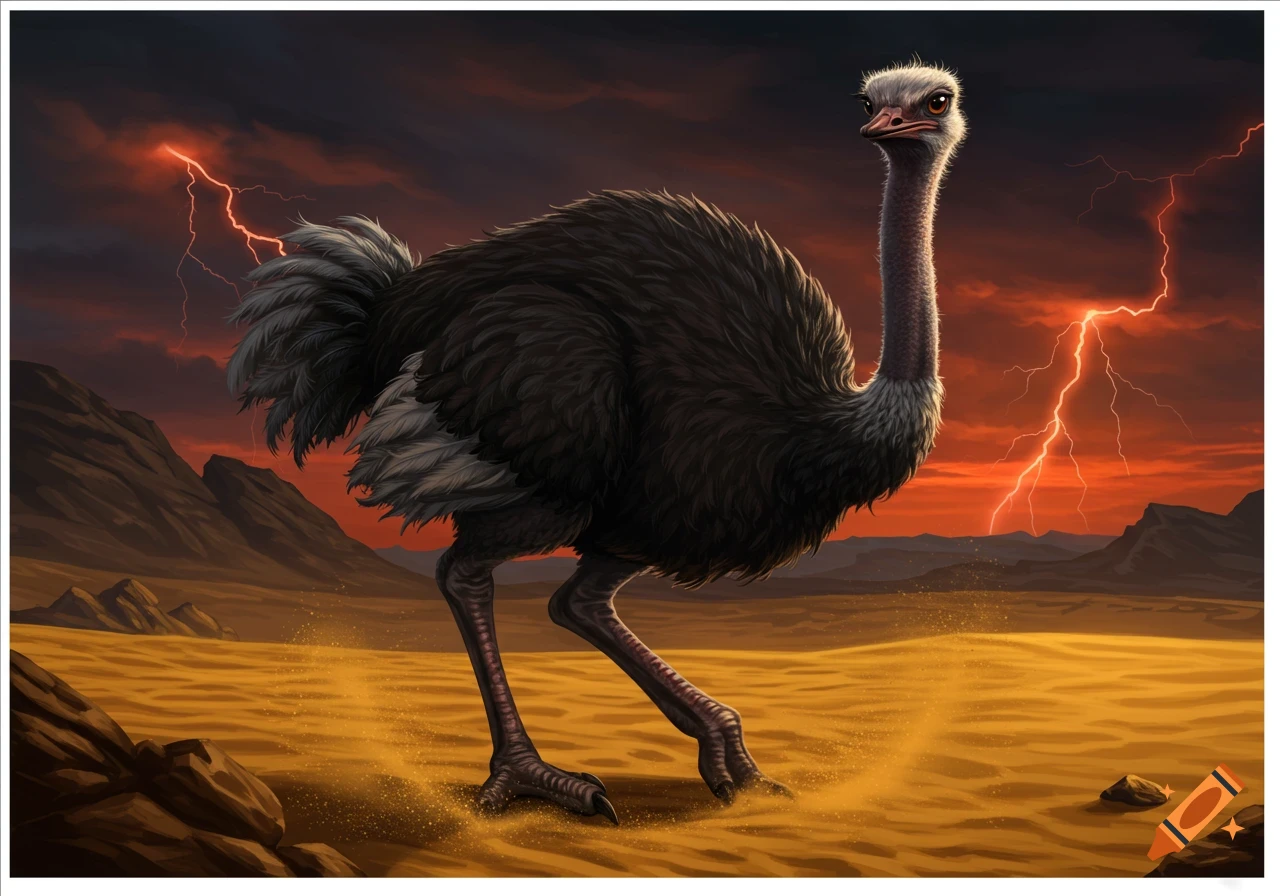 A large, dark-feathered ostrich stands in a sandy desert under a red, stormy sky with lightning bolts.