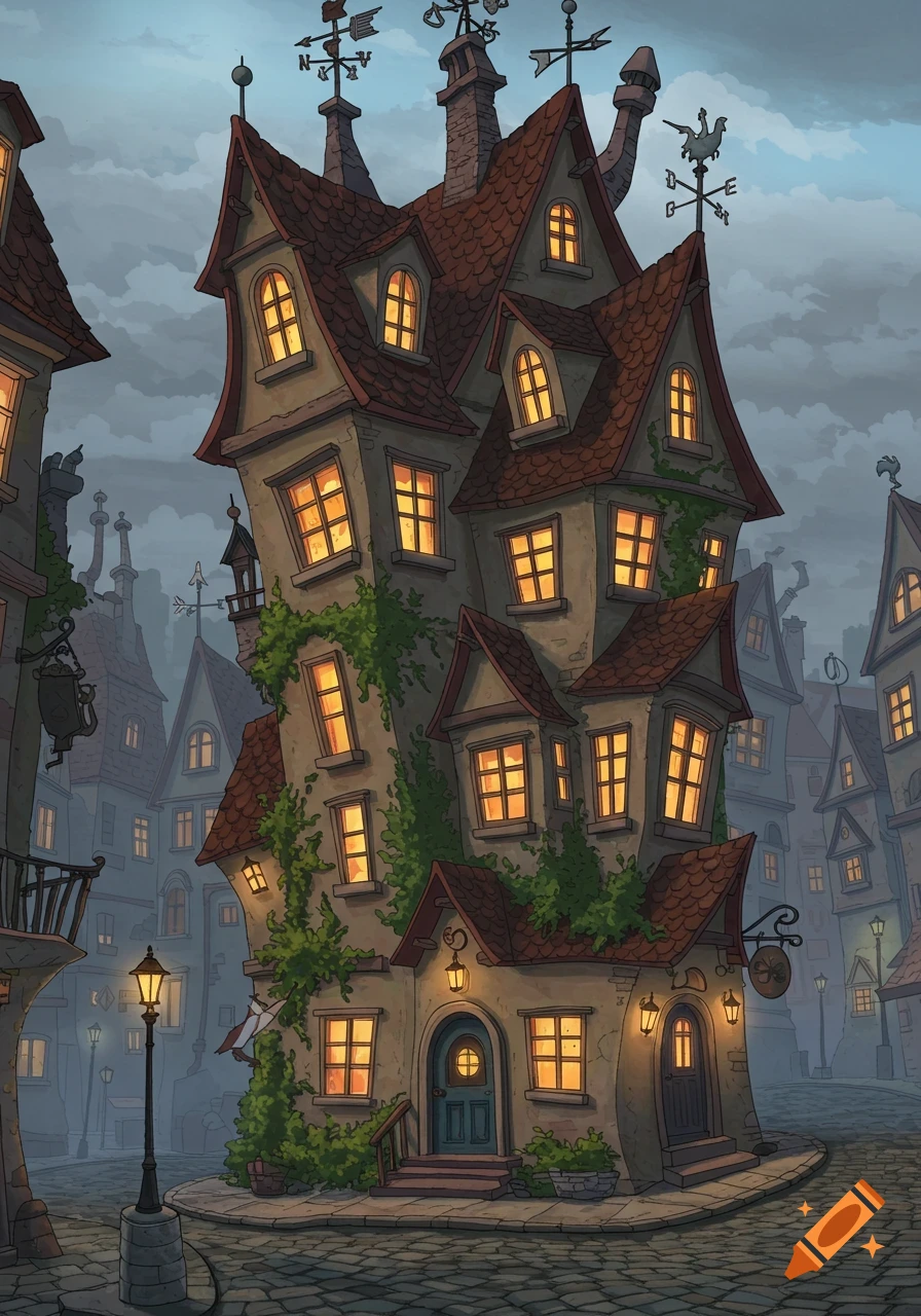 A whimsical, tall, crooked building with glowing windows, covered in ivy, stands on a cobblestone street in a misty city at dusk.