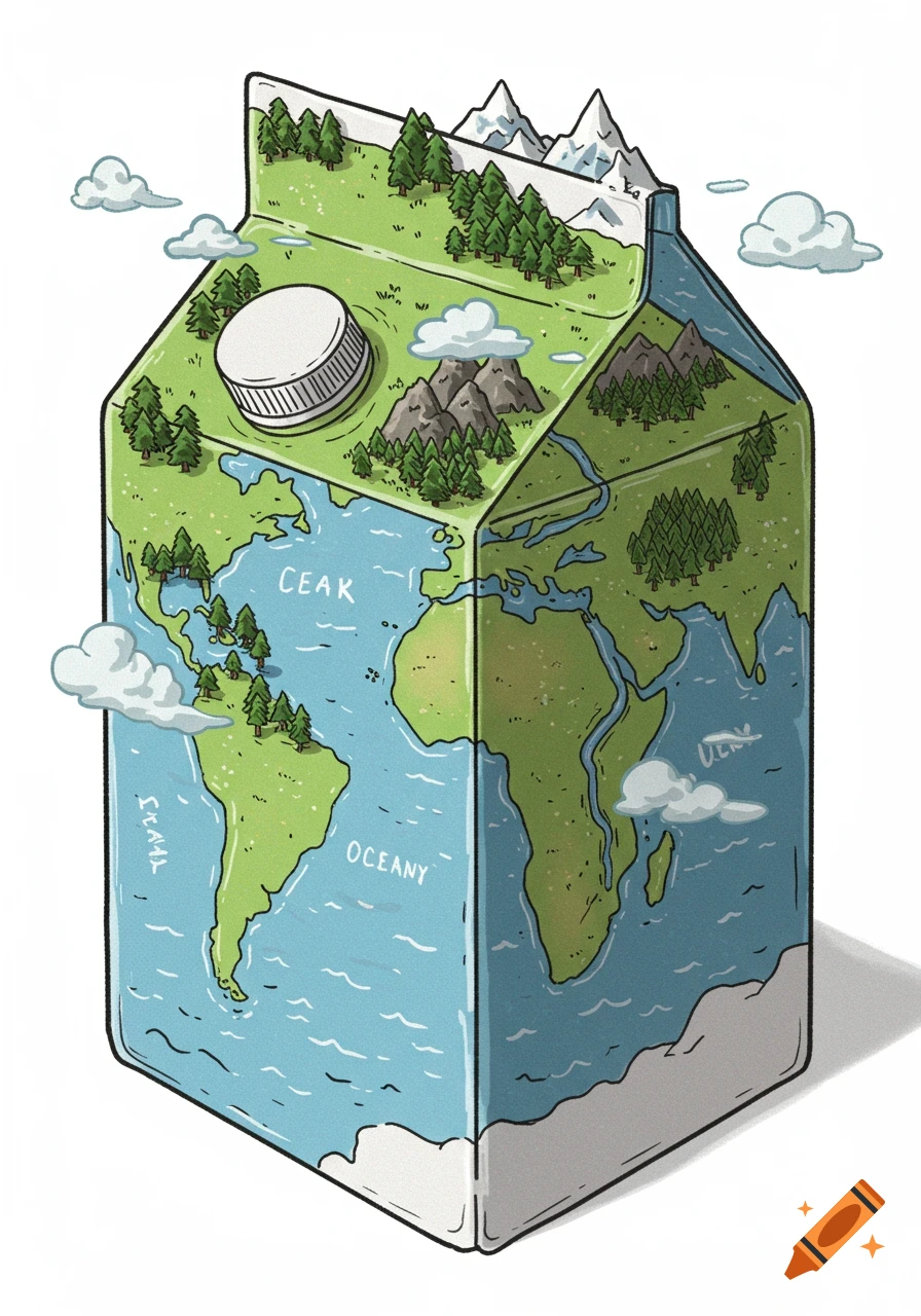 A cartoon illustration of a milk carton designed as a global map with landmasses, oceans, trees, and mountains.