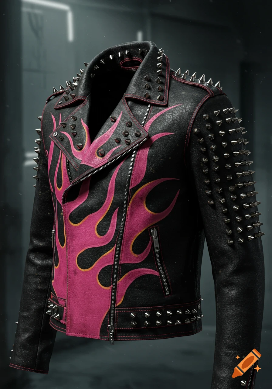 Black leather jacket with pink flames outlined in yellow and red, adorned with silver spike studs.