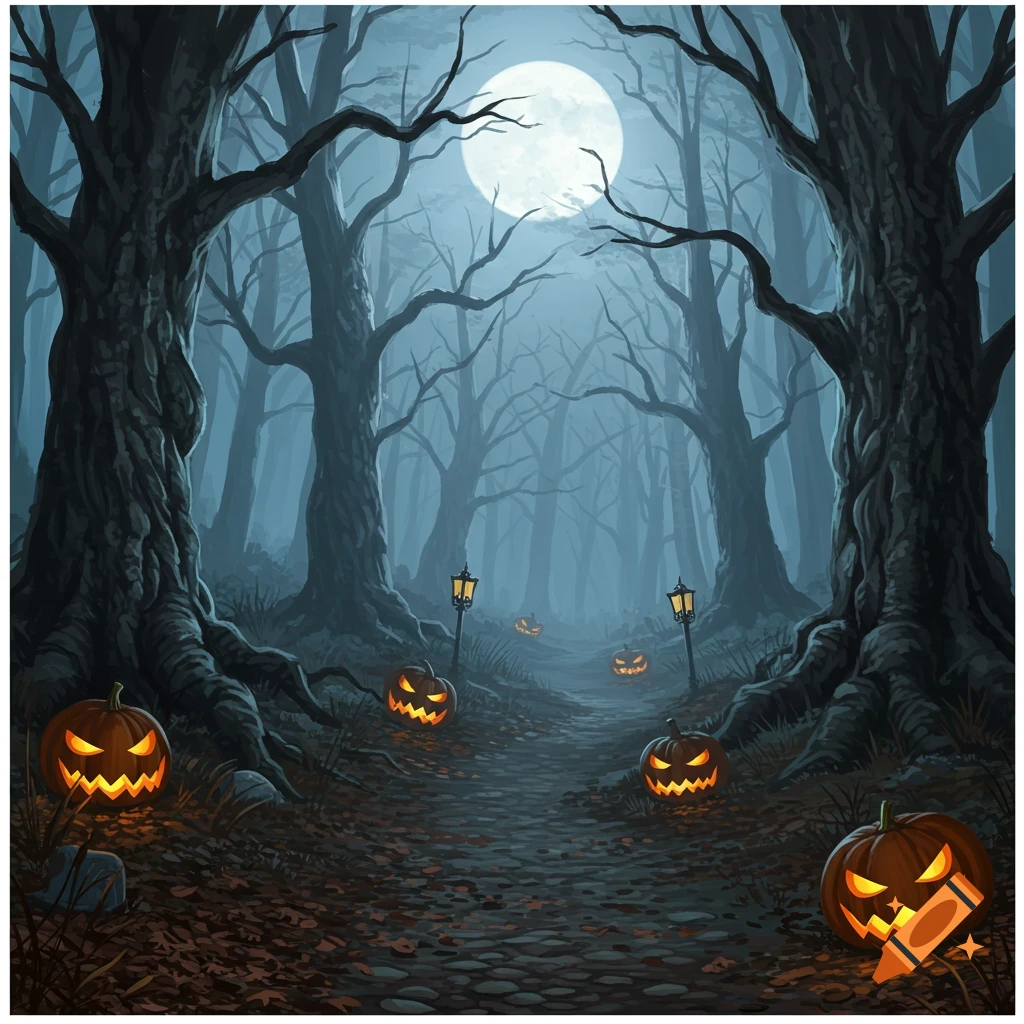 A dark, spooky forest at night with a full moon, gnarled trees, and glowing jack-o'-lanterns along a winding path.