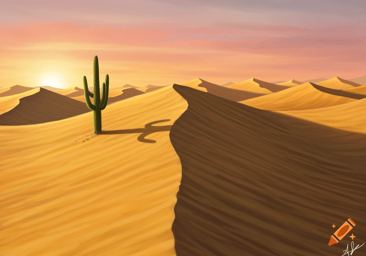 A stylized illustration of a saguaro cactus in a vast desert landscape at sunset, with golden sand dunes under a pink and orange sky.