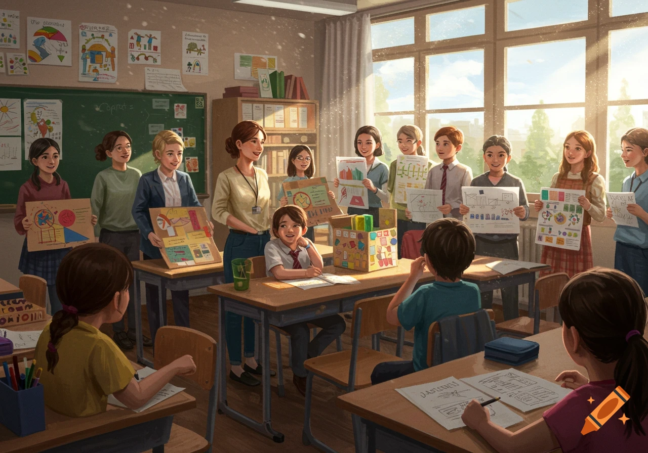 A classroom scene with students presenting projects to their teachers and classmates, bathed in sunlight.