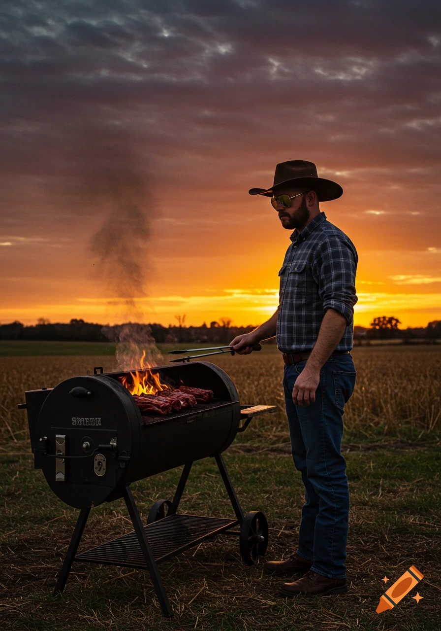 Man in cowboy hat and sunglasses grilling meat on a barbecue at sunset in a field.