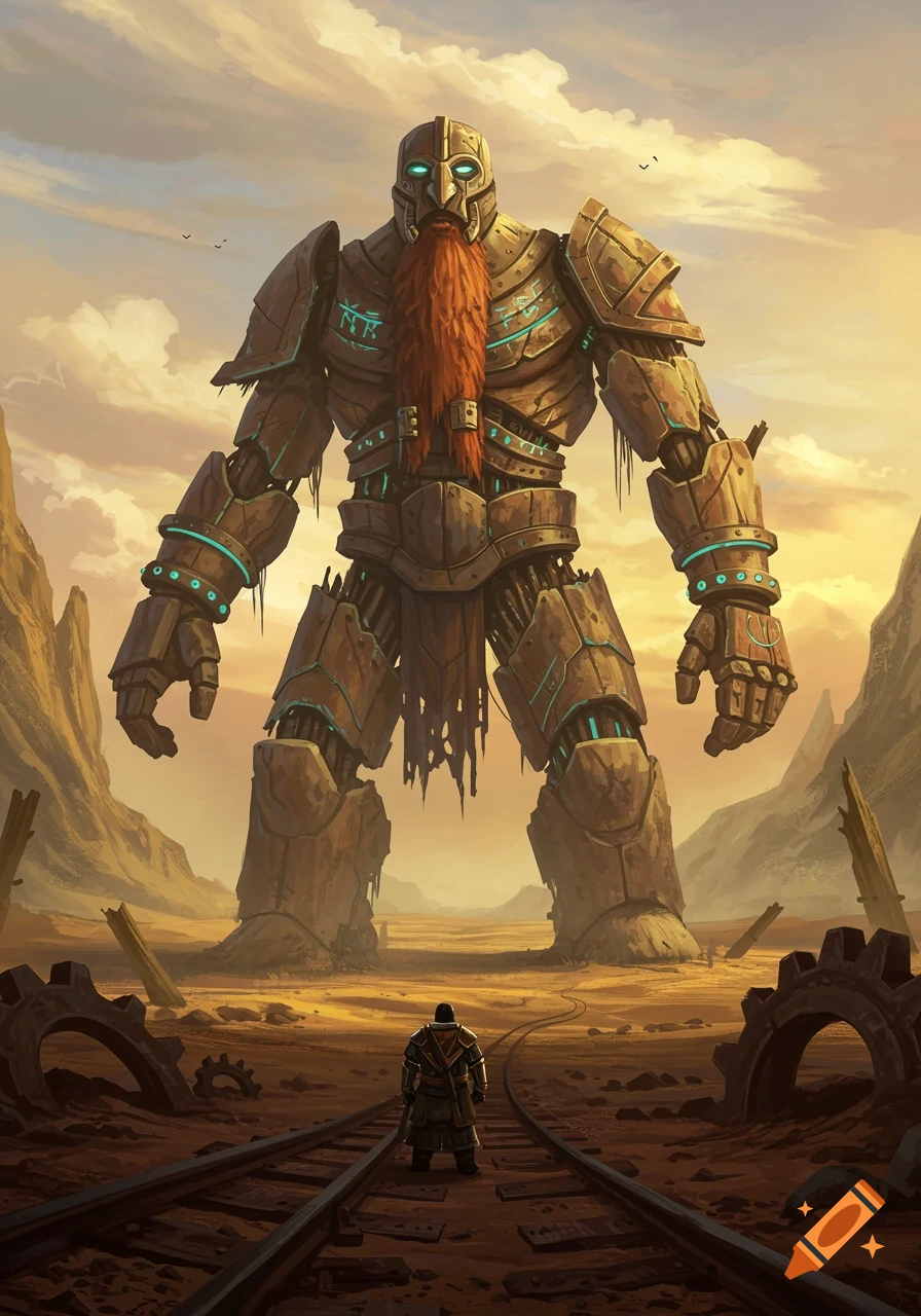 A massive, bearded, armored golem with glowing blue eyes and glowing runes stands over a small figure on train tracks in a desolate, rocky desert at sunset.