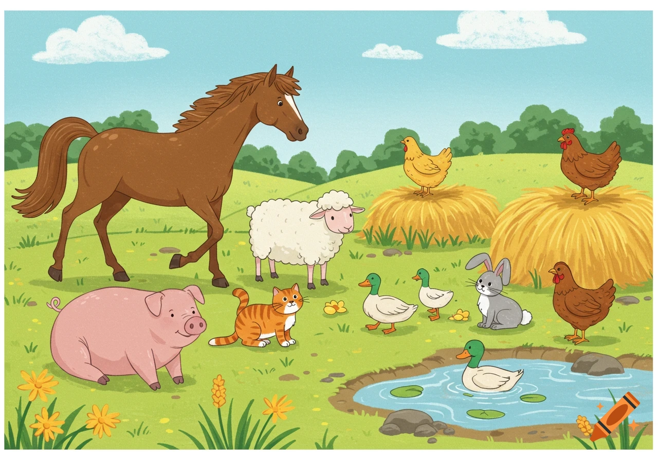 A colorful cartoon farm scene with a brown horse, pink pig, orange cat, white sheep, gray rabbit, ducks, and chickens in a green field with a pond.