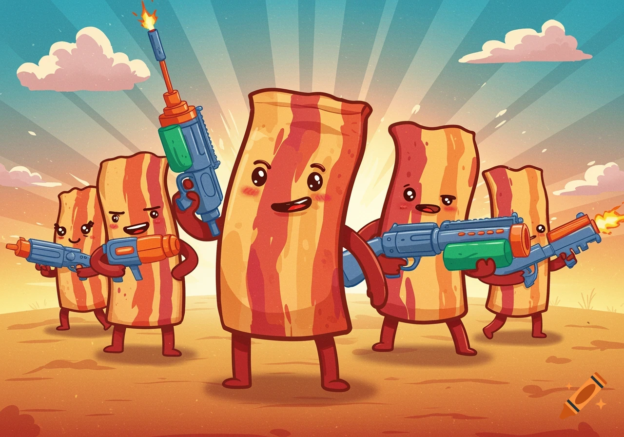 A group of cheerful, cartoon bacon strips with arms and legs hold toy-like guns in a desert landscape under a blue sky.