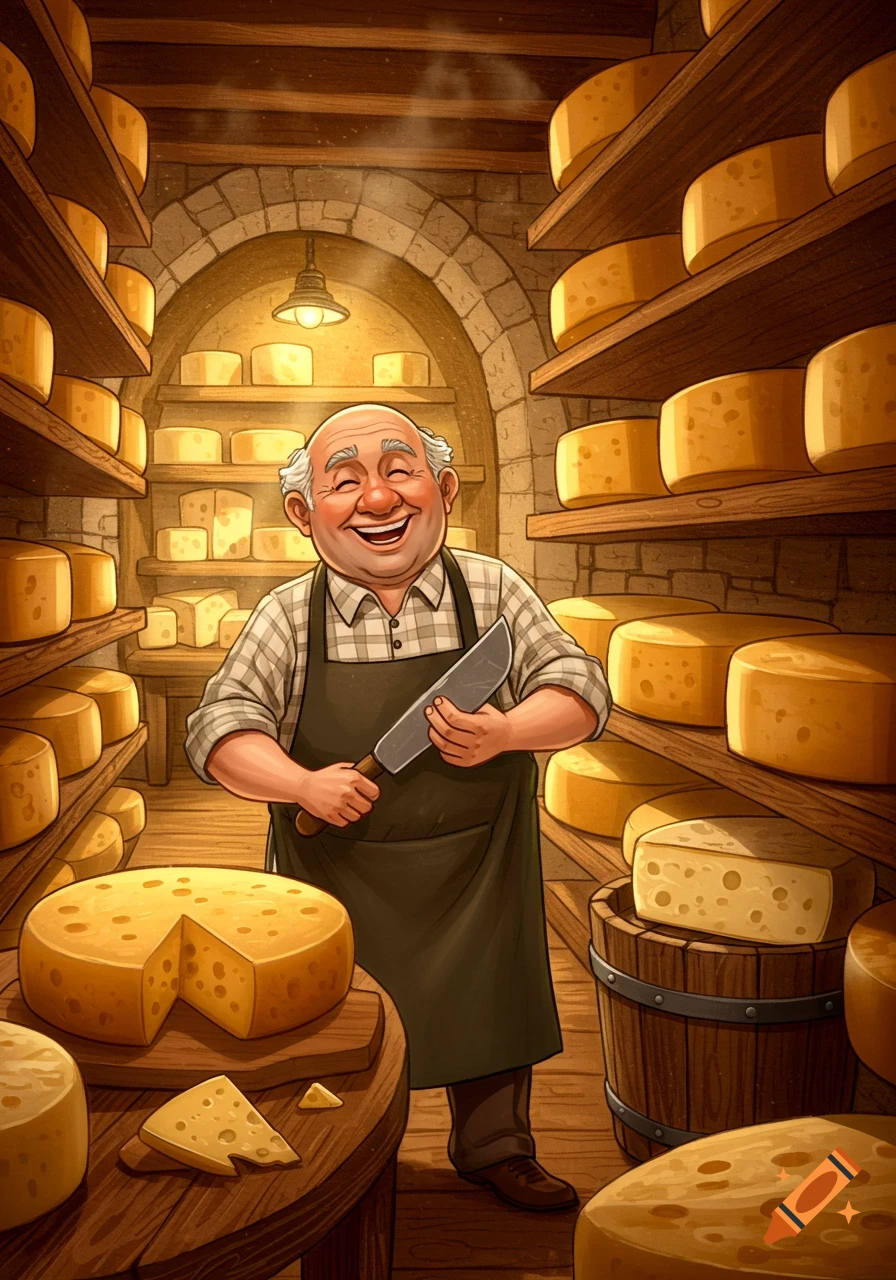 A smiling cartoon cheesemonger holds a knife in a cozy, well-stocked cheese cellar filled with large cheese wheels and blocks.