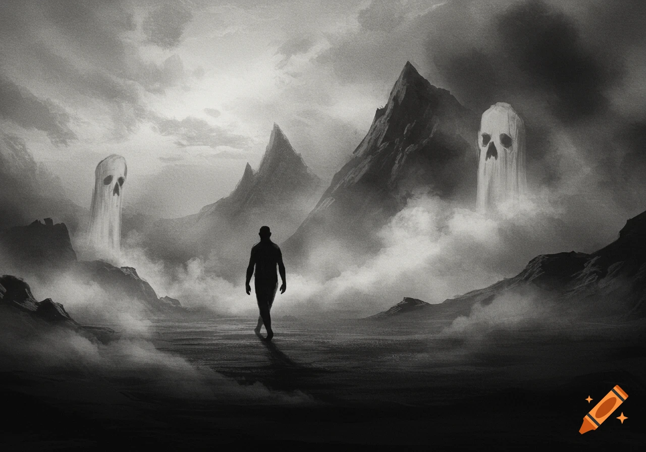 A lone silhouetted figure walks through a misty, dark landscape with jagged mountains and two large skull-like specters in the distance, in a black and white charcoal sketch style.
