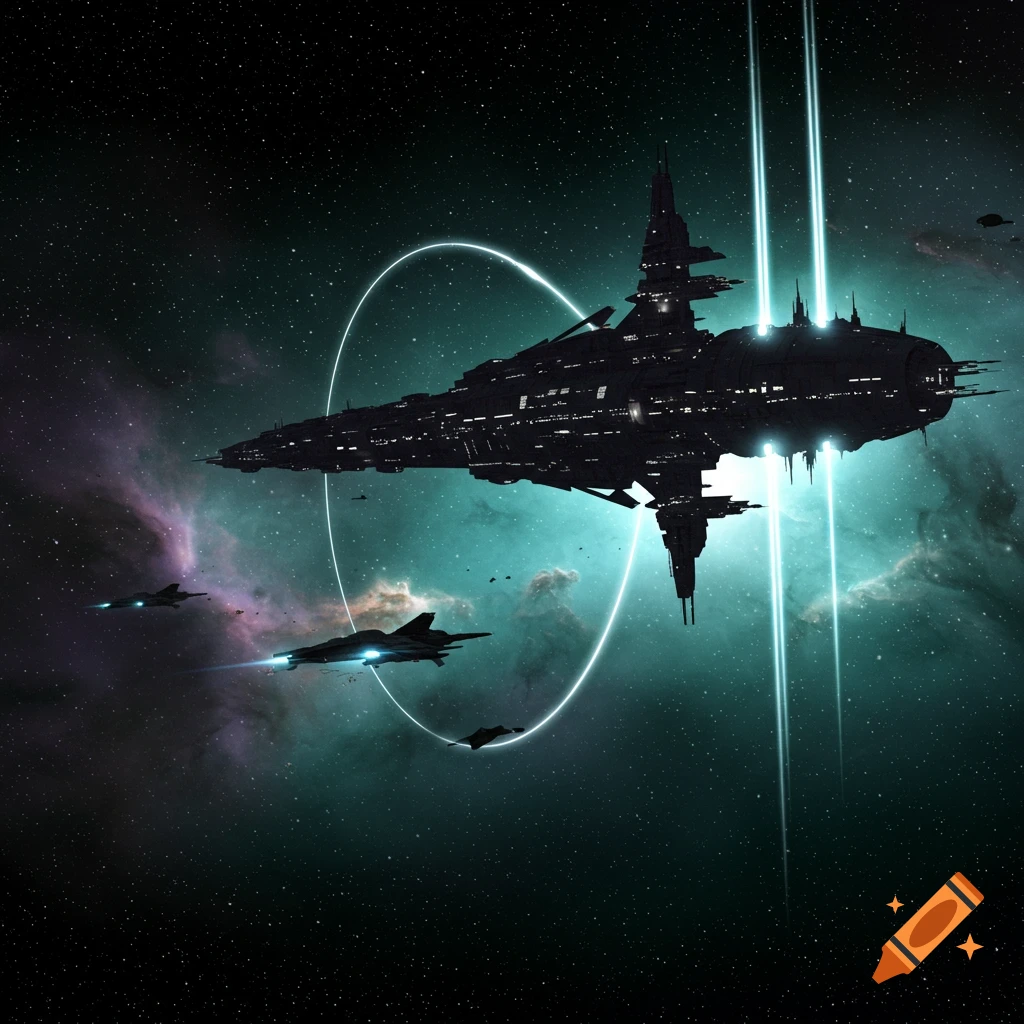 A large dark space station emitting light beams, surrounded by smaller spaceships in a green and purple nebula.