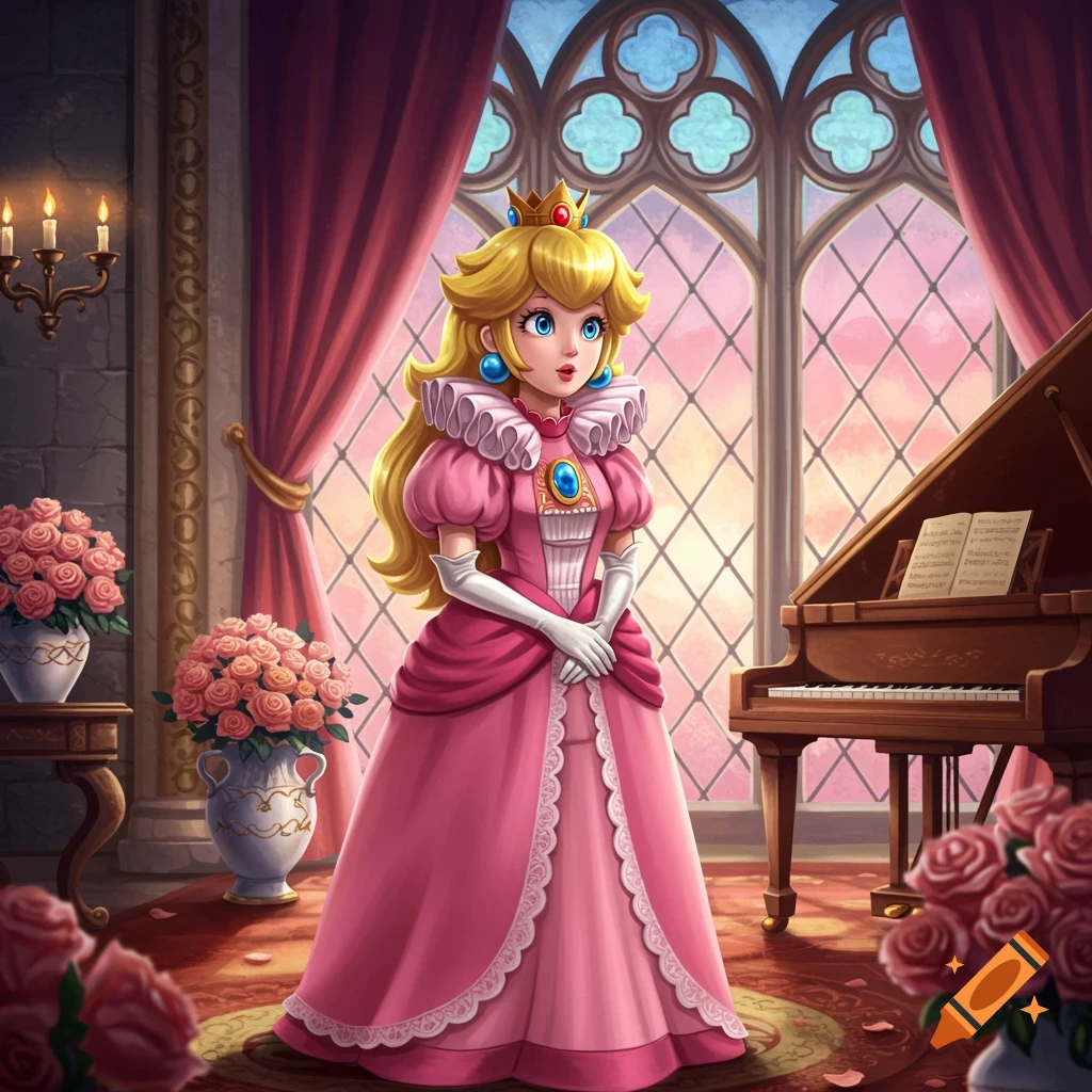 Princess Peach in a pink gown with a large ruffled collar stands in a ornate room with a piano and stained-glass windows.