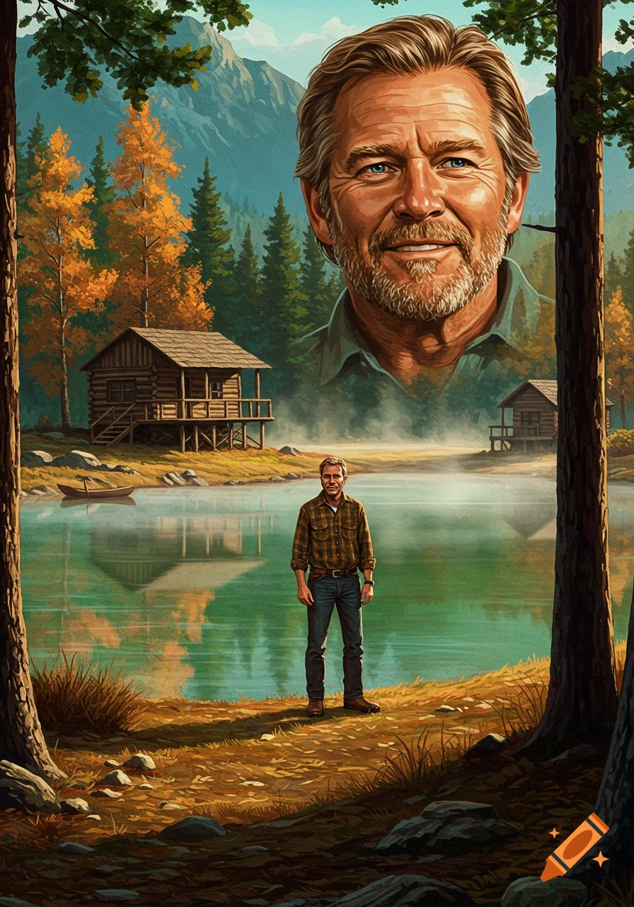 Illustration of a man in a plaid shirt standing by a lake with log cabins, under a giant floating head of himself, surrounded by mountains and autumn trees.