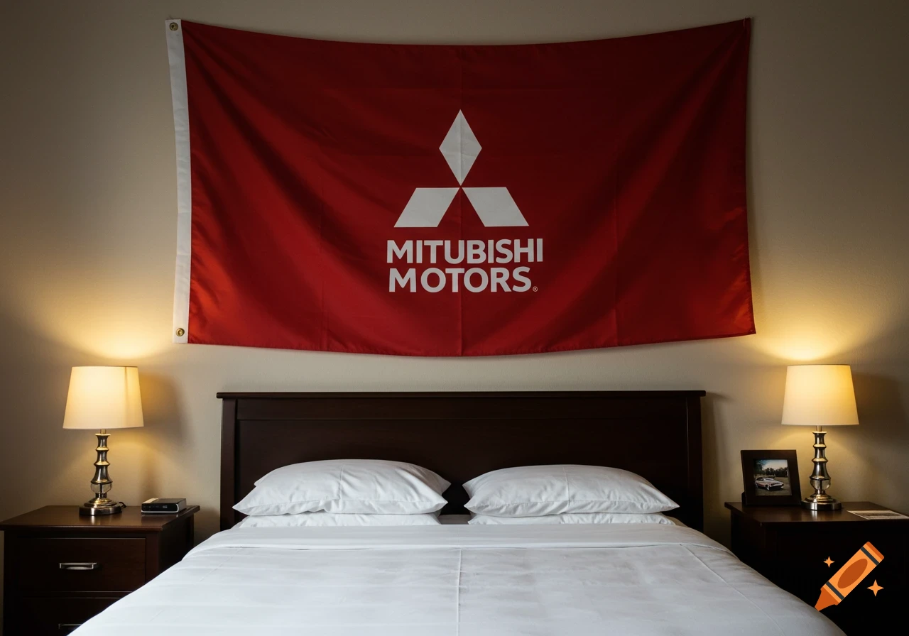A red Mitsubishi Motors flag hanging on a wall above a bed with white sheets and two nightstands with lamps.