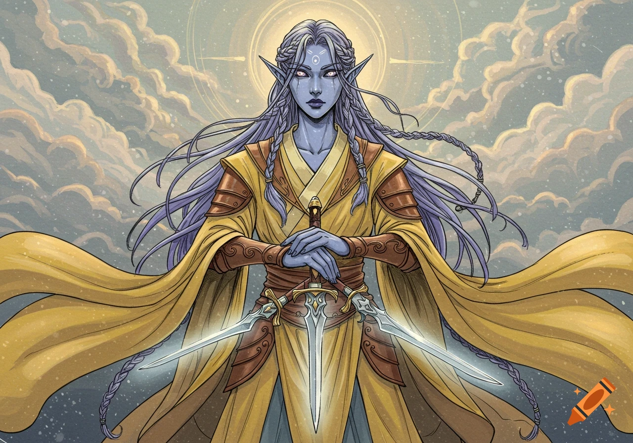 A stylized illustration of a female astral elf with blue skin, long purple braids, and a yellow robe with leather armor, holding a sword against a cloudy sky with a bright sun.