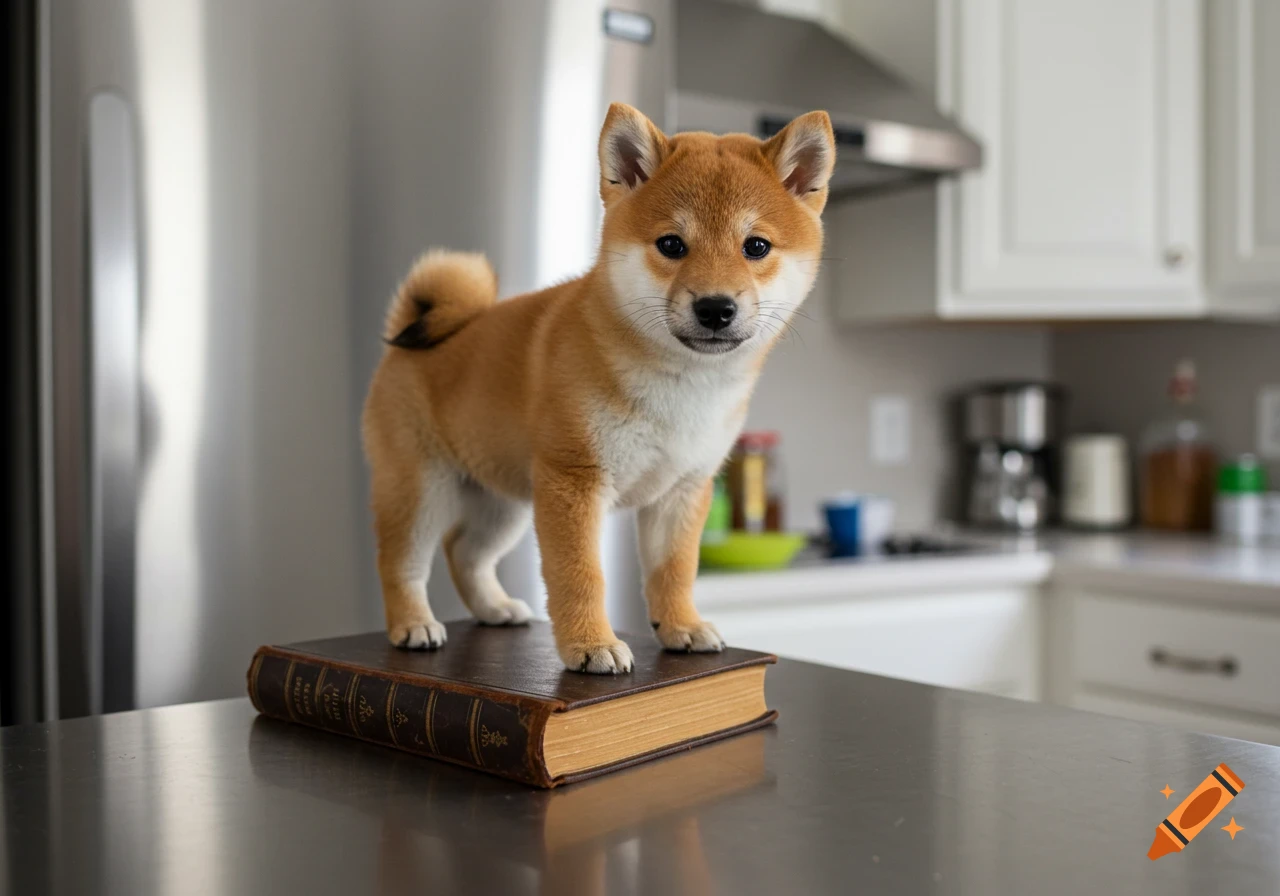 A photorealistic Shiba Inu puppy stands on a brown book on a kitchen counter.